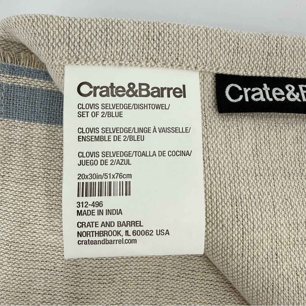 Crate&Barrell Clovis Blue Edge Cotton Linen Tea Kitchen Dish Towels Set of 2 - Picture 6 of 9